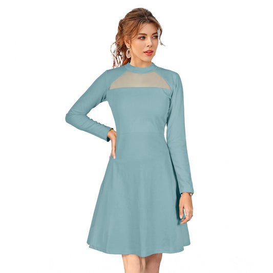 Women's Knitting stretchable Solid Round Neck Full Sleeve Dress (Pista)