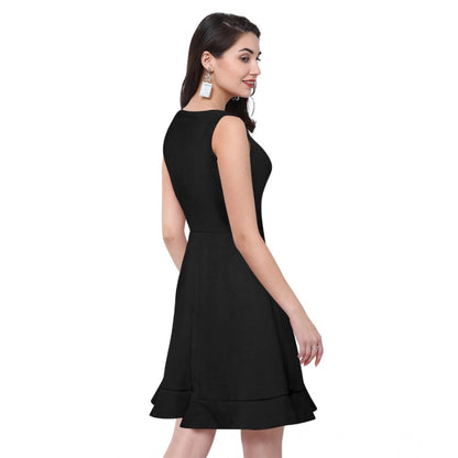 Women's Polyester Solid Round Neck Sleeveless Dress (Black)