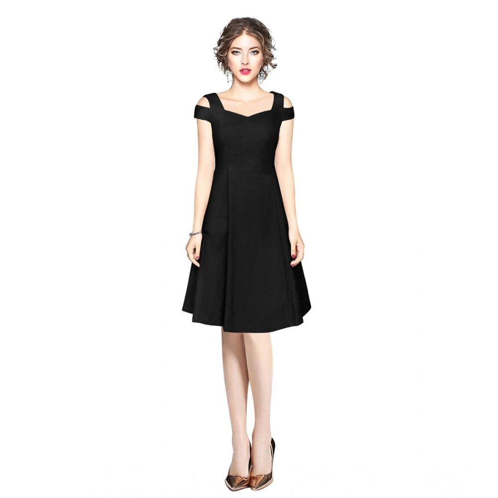 Women's Polyester Solid V Neck Cap Sleeve off Shoulder Dress (Black)