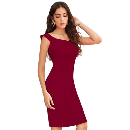 Women's Knitting stretchable Solid Round Neck Sleeveless Dress (Maroon)