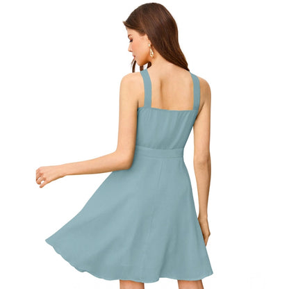 Women's Knitting stretchable Solid Halter Neck Sleeveless Dress (Pista )