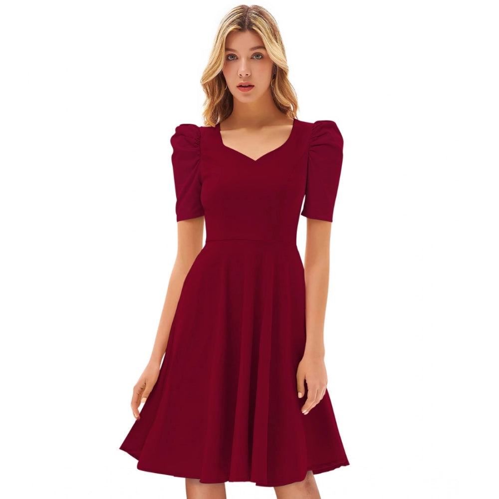 Women's Knitting stretchable Solid V Neck Cap Sleeve Dress (Maroon)