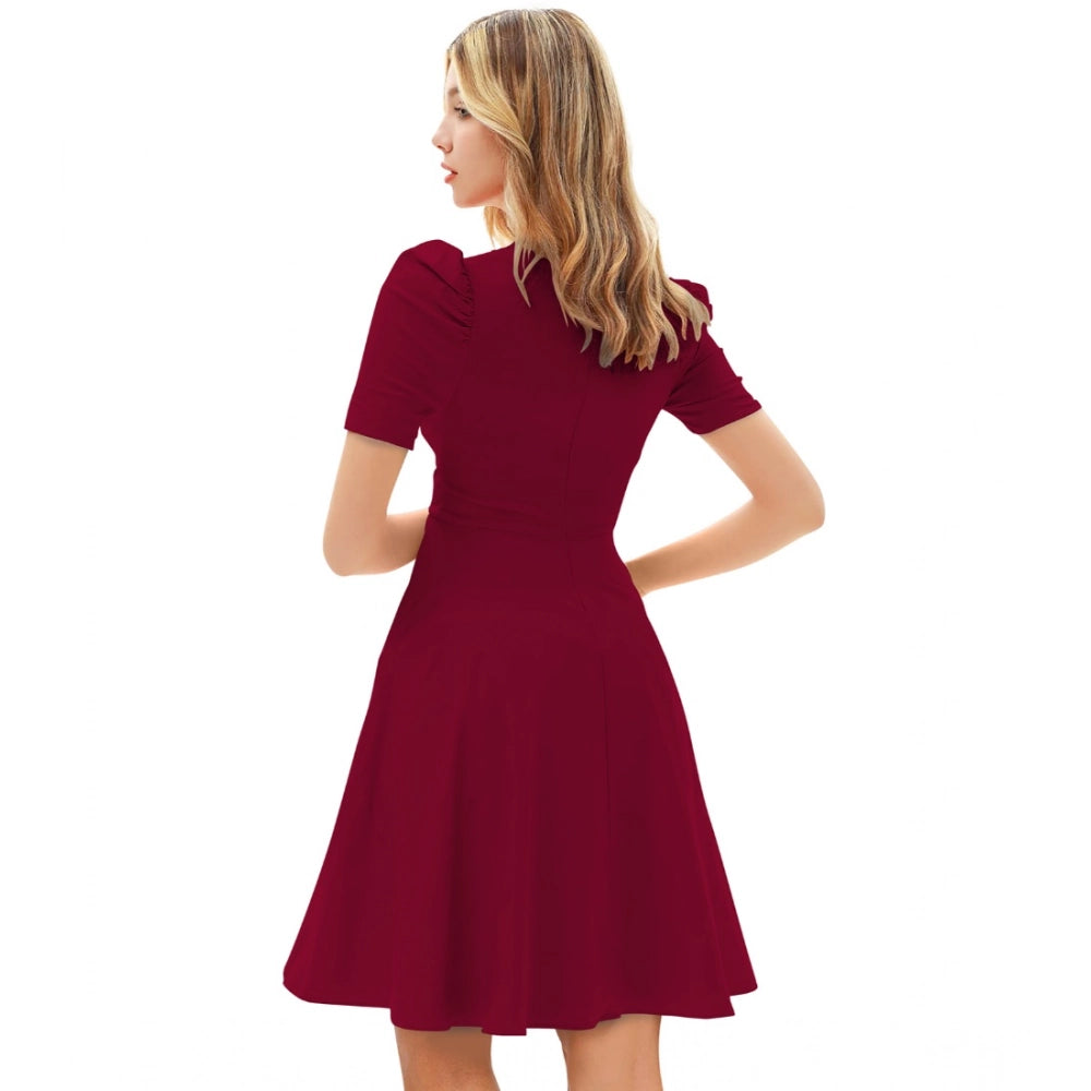 Women's Knitting stretchable Solid V Neck Cap Sleeve Dress (Maroon)