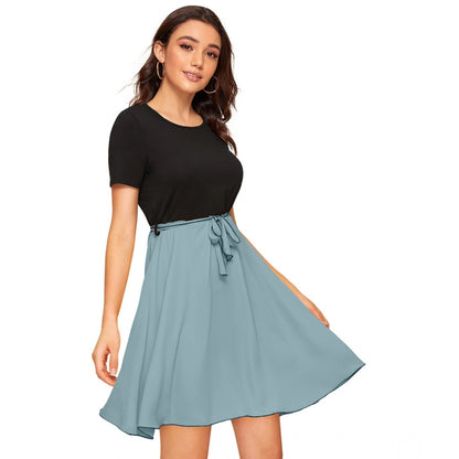 Women's Knitting stretchable Solid Round Neck Cap Sleeve Dress (Pista)