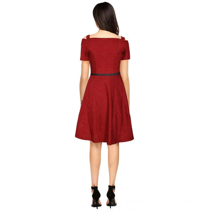 Women's Polyester Solid V Neck Cap Sleeve Dress (Maroon)