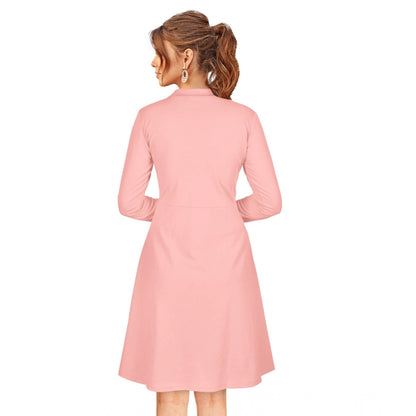 Women's Knitting stretchable Solid Round Neck Full Sleeve Dress (Peach)