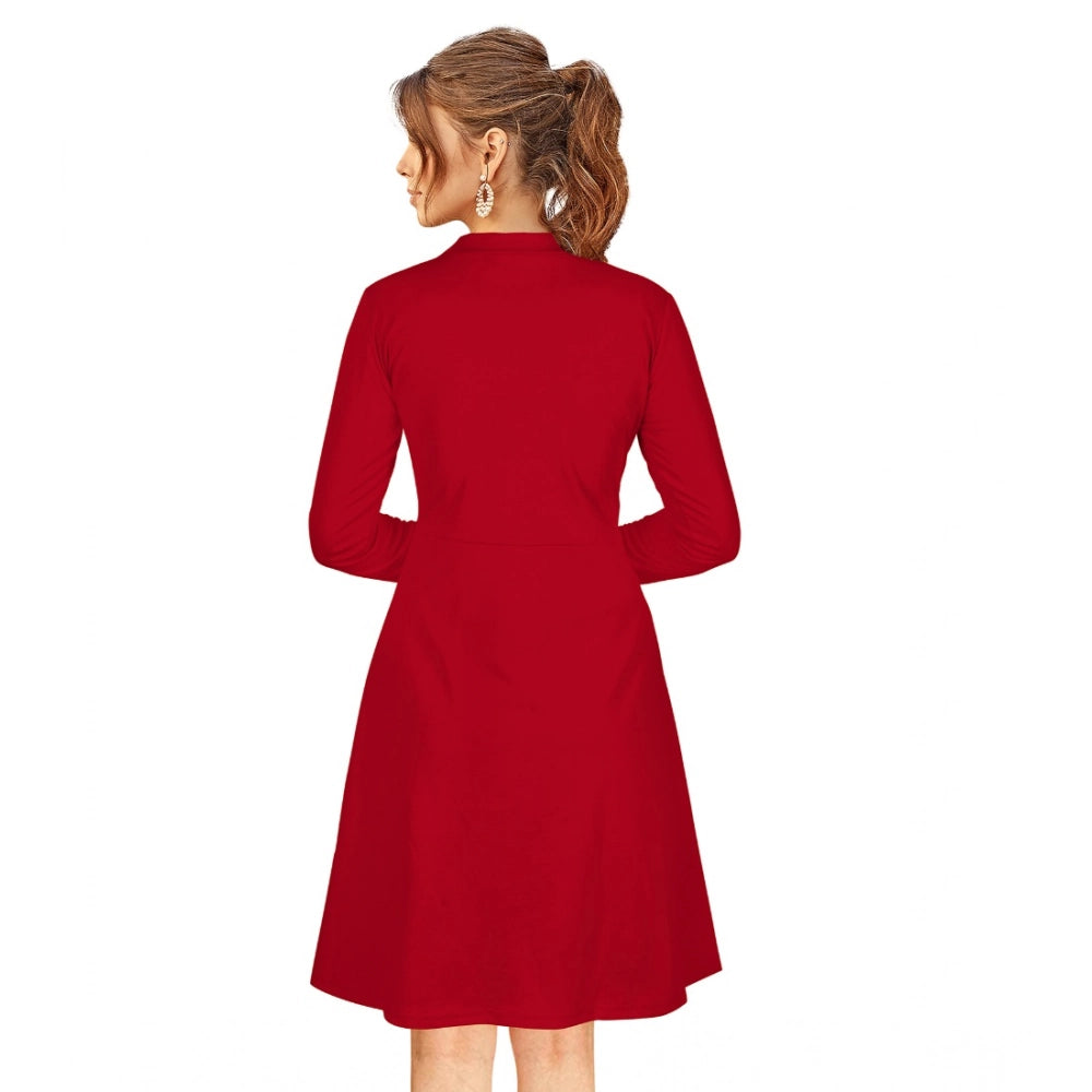 Women's Knitting stretchable Solid Round Neck Full Sleeve Dress (Red)