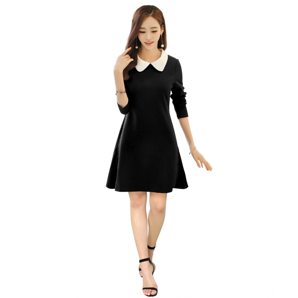 Women's Polyester Solid Collar 3-4th Dress (Black)