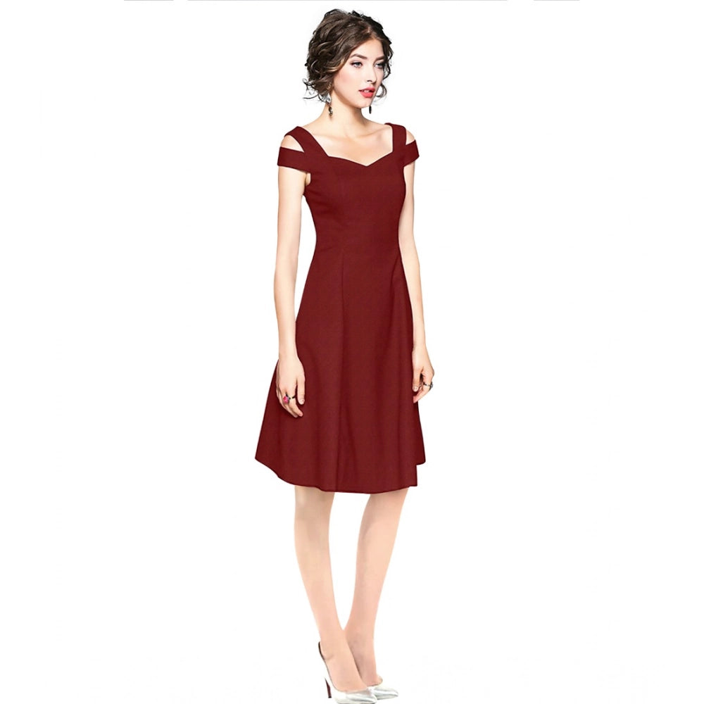 Women's Polyester Solid V Neck Cap Sleeve off Shoulder Dress (Maroon)
