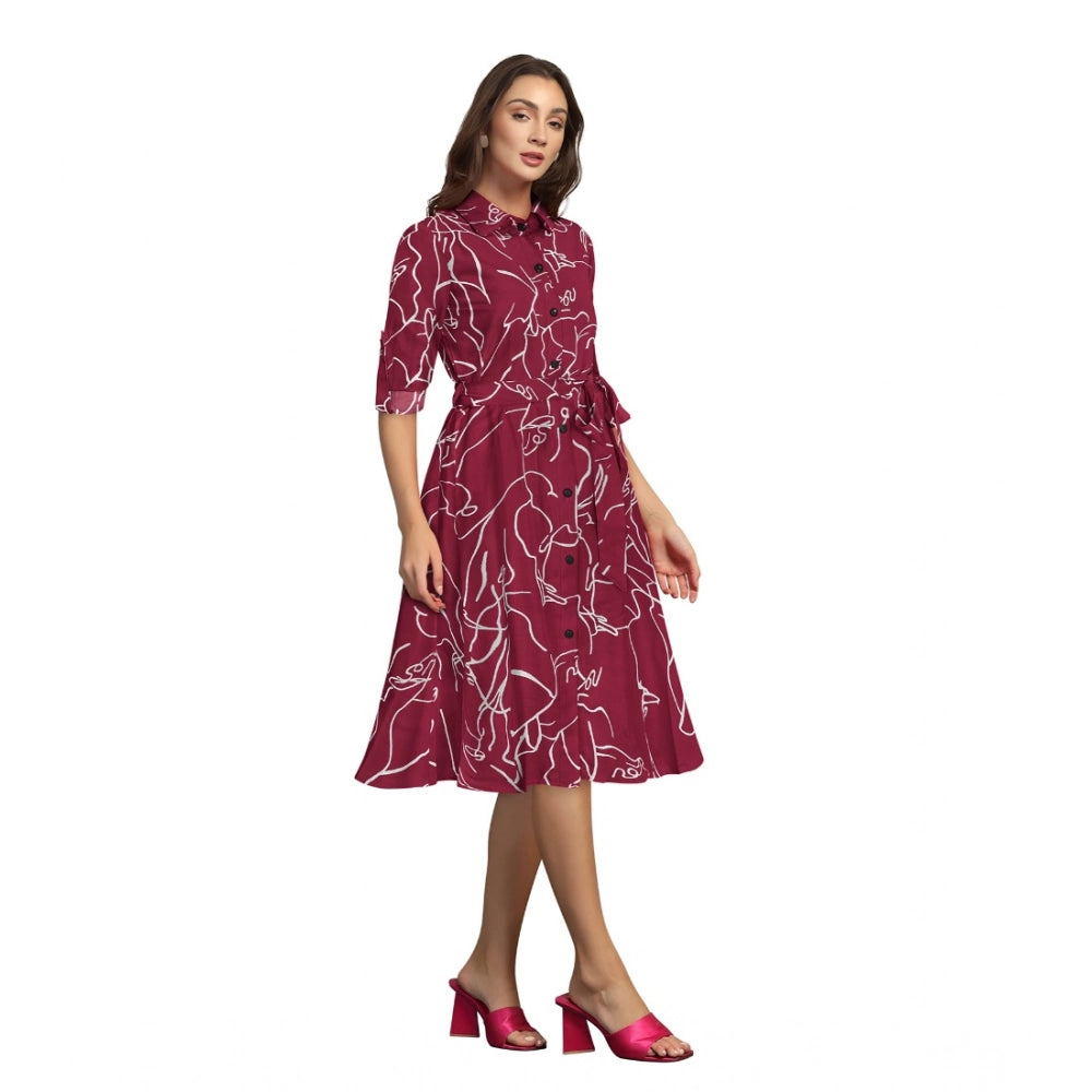 Women's Ruby Cotton Printed Shirt Collar 3-4th Sleeve Dress (Maroon)