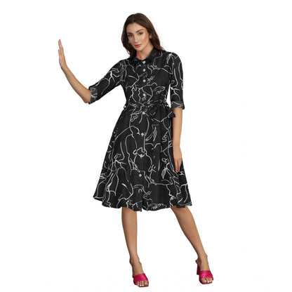 Women's Ruby Cotton Printed Shirt Collar 3-4th Sleeve Dress (Black)