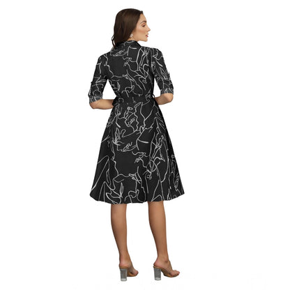 Women's Ruby Cotton Printed Shirt Collar 3-4th Sleeve Dress (Black)