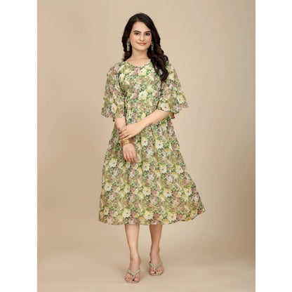 Women's Georgette Printed Round Neck Short Sleeve Dress (Green)