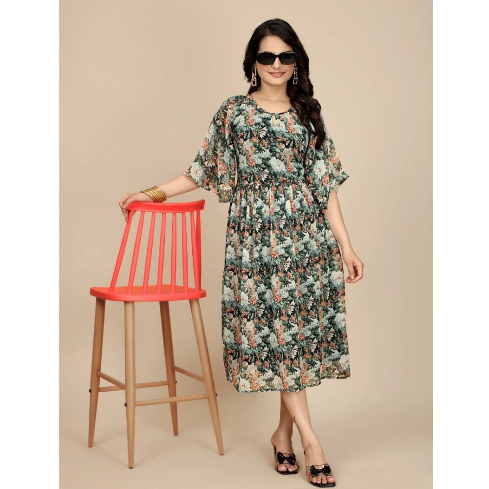 Women's Georgette Printed Round Neck Short Sleeve Dress (Black)