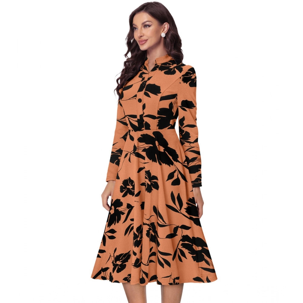 Women's Knitting Printed V-Neck Full Sleeve Dress (Orange)