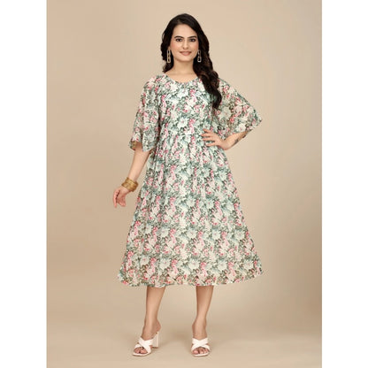 Women's Georgette Printed Round Neck Short Sleeve Dress (Pink)