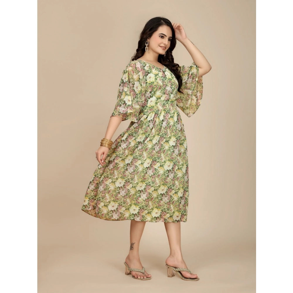 Women's Georgette Printed Round Neck Short Sleeve Dress (Green)