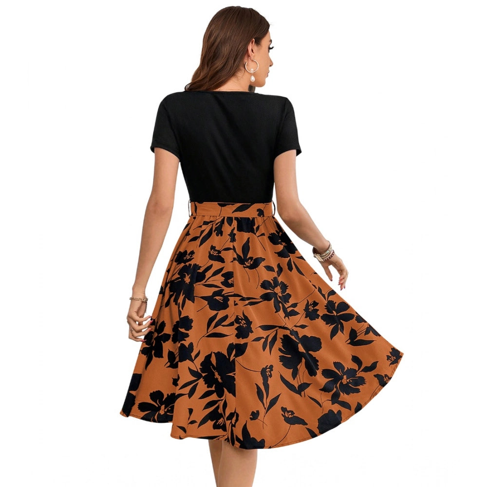 Women's Knitting Printed Round Neck Short Sleeve Dress (Orange)