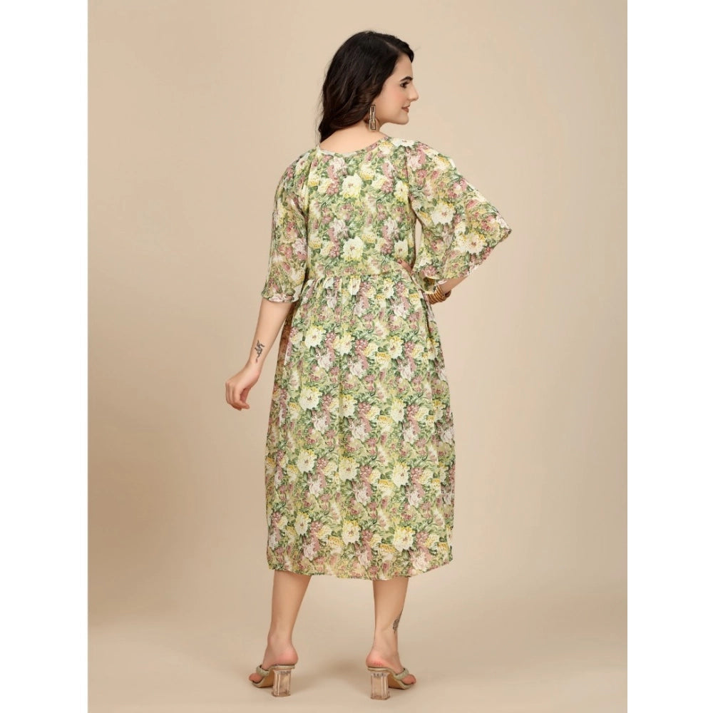 Women's Georgette Printed Round Neck Short Sleeve Dress (Green)