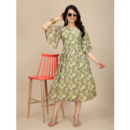 Women's Georgette Printed Round Neck Short Sleeve Dress (Green)