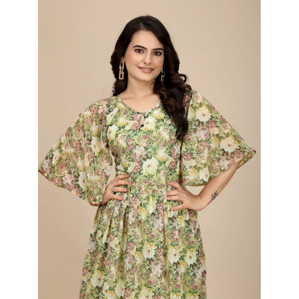 Women's Georgette Printed Round Neck Short Sleeve Dress (Green)