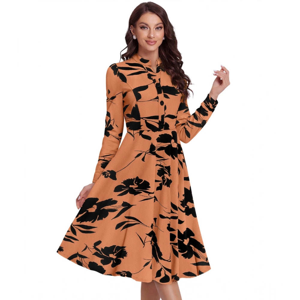 Women's Knitting Printed V-Neck Full Sleeve Dress (Orange)