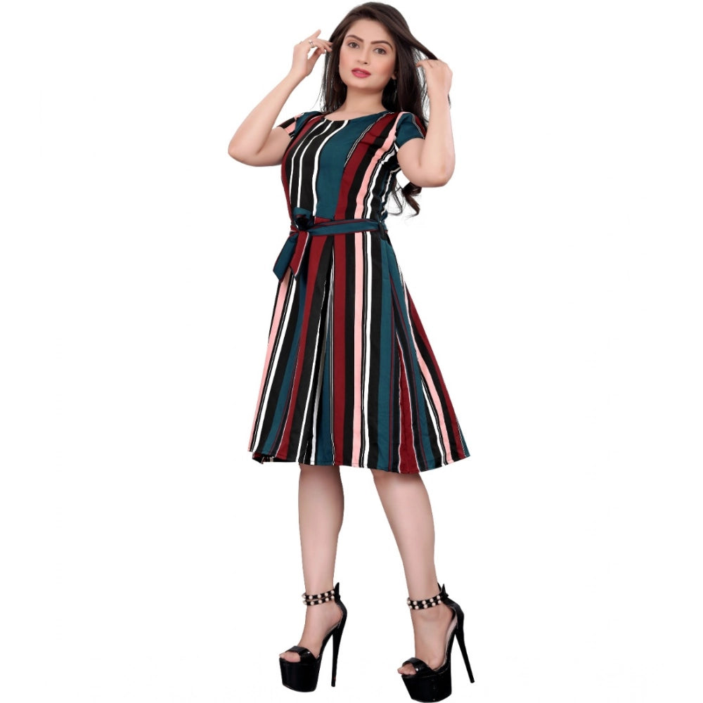 Women's Crep Striped Short Sleeve Dress (Red-Blue )