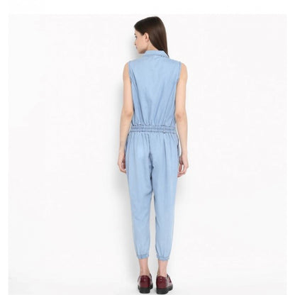Women's Denim Solid Sleeveless Jumpsuit (Blue)