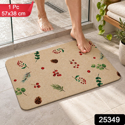Botanical Berry Print Bath Mat Linen Look Anti-slip Floor Rug (1 Pc 57x38 Cm)