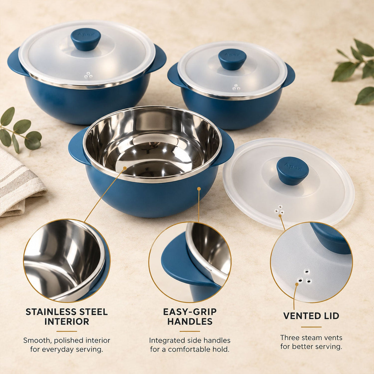 Apex Hot And Serve Serving Bowl Set With Lids Steel Inner Casserole (3 Pc Set)