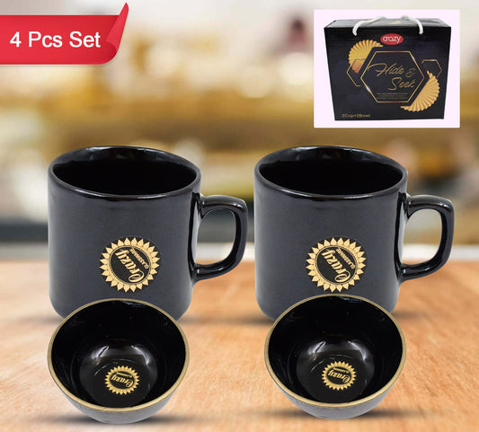 Hide  Seek Ceramic Tea  Cups With Round Serving Bowl (4 Pcs Set)