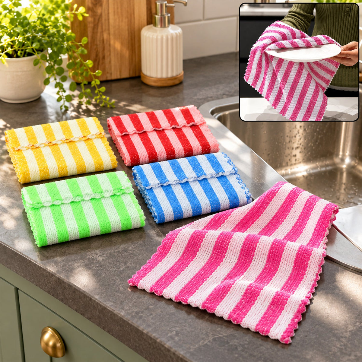 Striped Microfiber Kitchen Cleaning Cloths For Home (5 Pc Set 28x28 Cm)