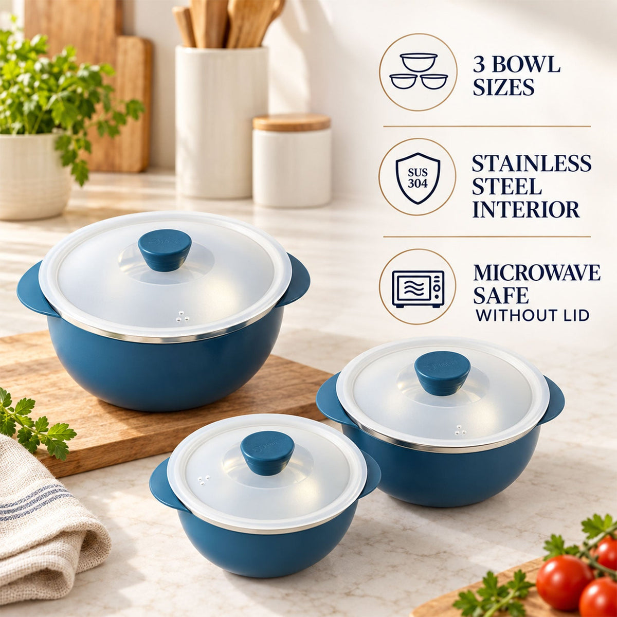Apex Hot And Serve Serving Bowl Set With Lids Steel Inner Casserole (3 Pc Set)