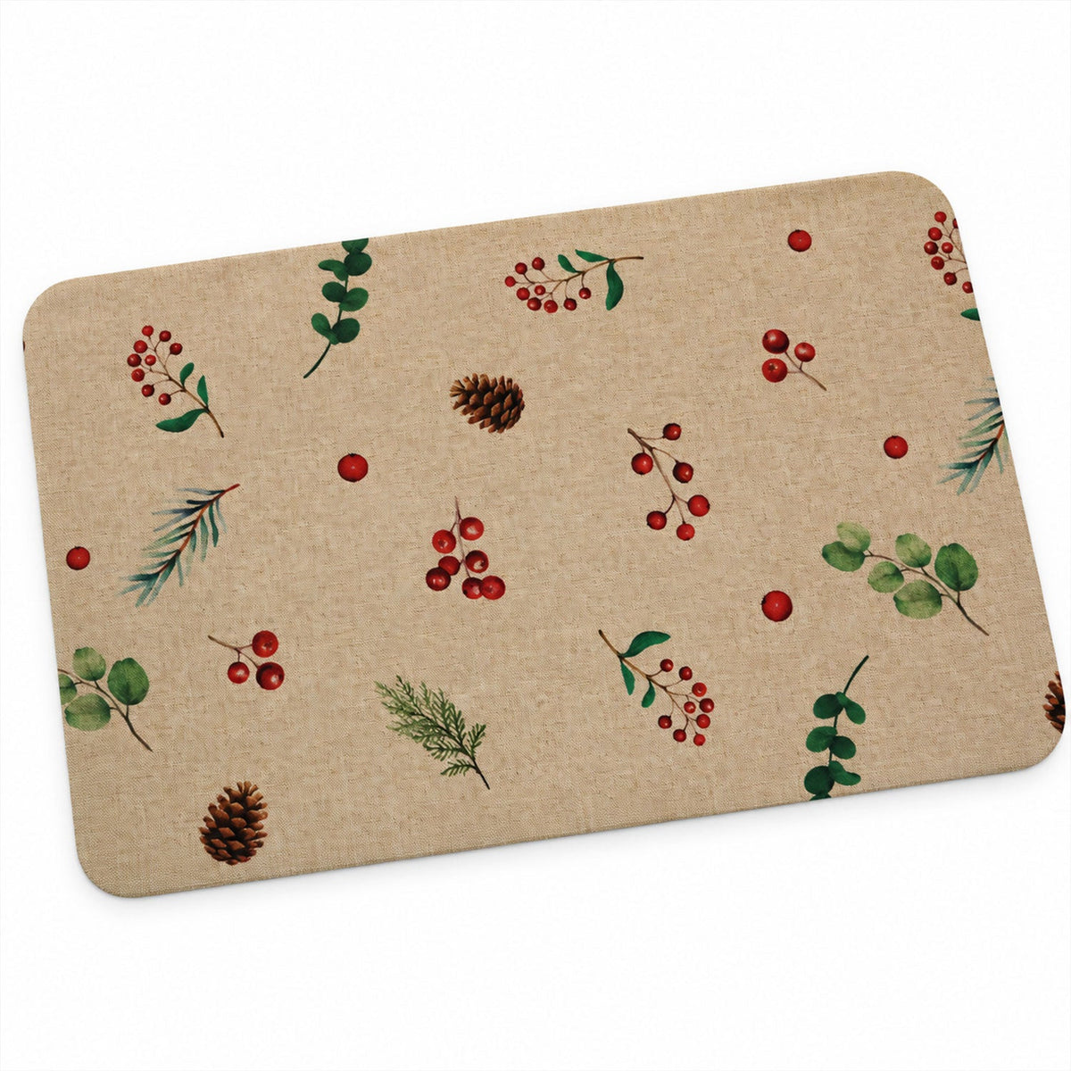 Botanical Berry Print Bath Mat Linen Look Anti-slip Floor Rug (1 Pc 57x38 Cm)