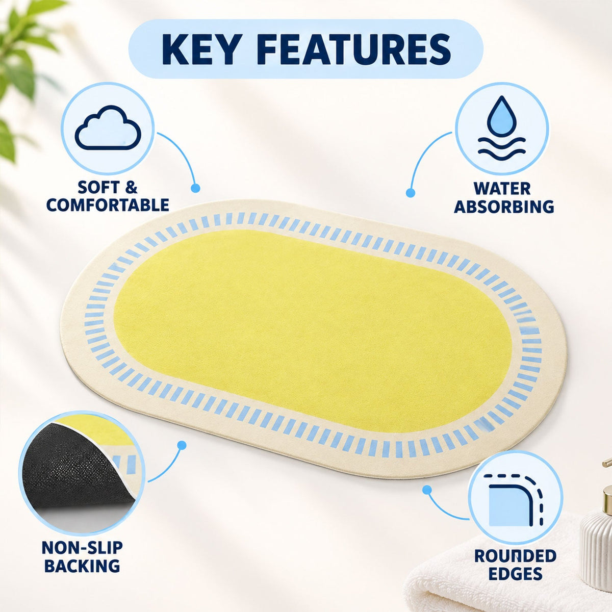 Striped Border Oval Shower Mat Bright Quick Dry Bathroom Rug (1 Pc 60x40 Cm)