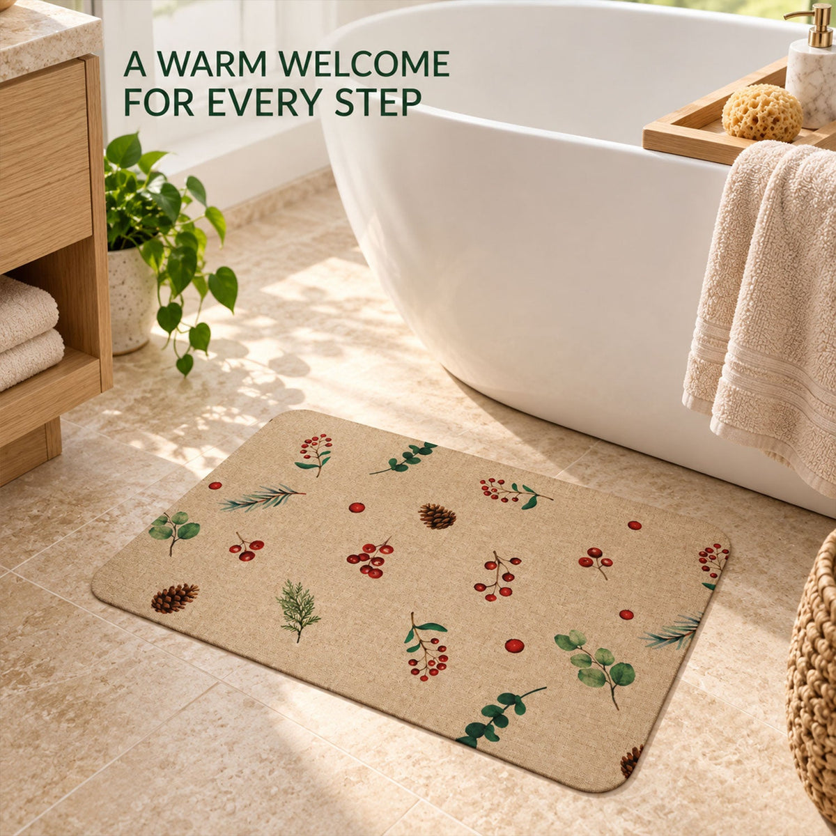 Botanical Berry Print Bath Mat Linen Look Anti-slip Floor Rug (1 Pc 57x38 Cm)