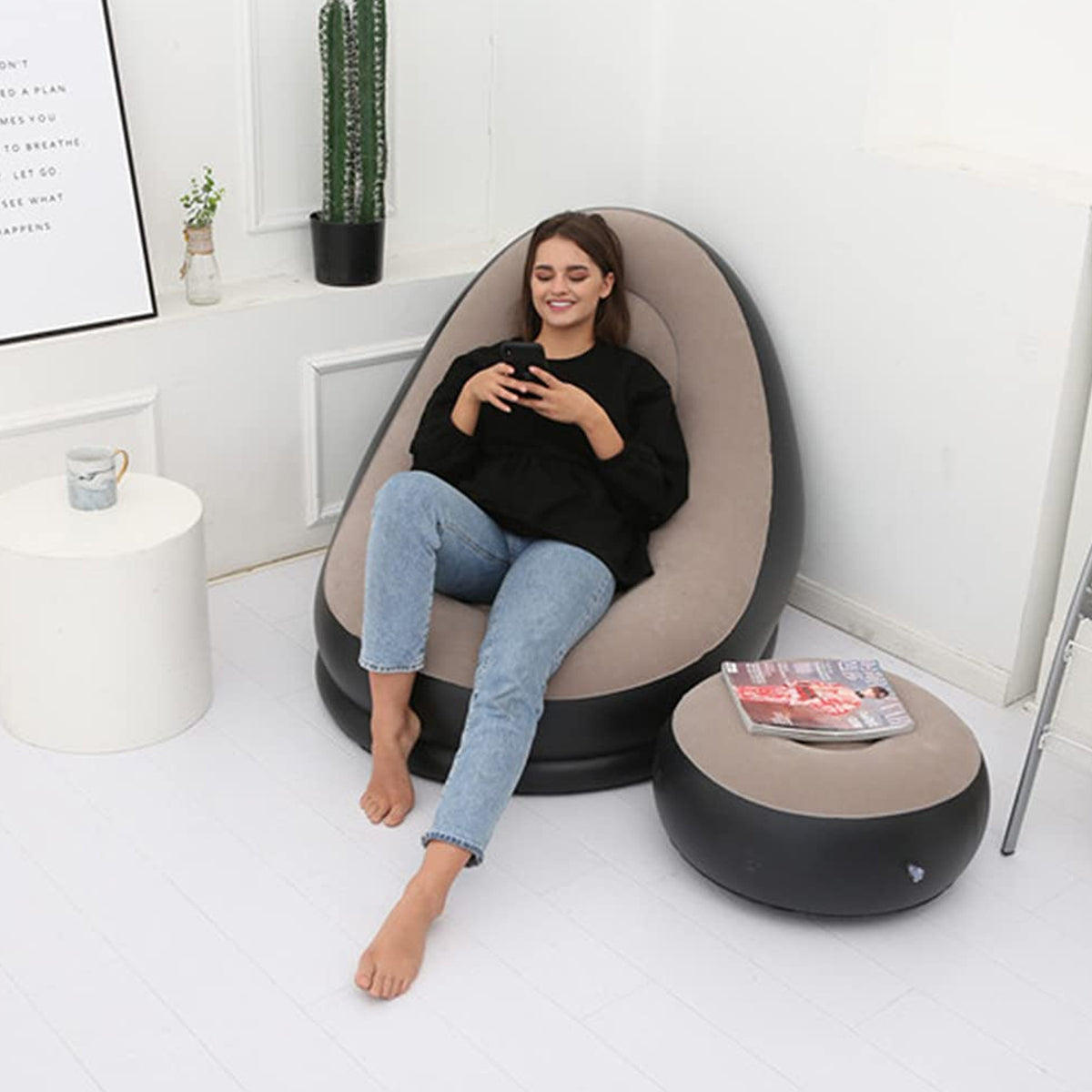 Inflatable Sofa Lounge Chair Ottoman Blow Up Chaise Lounge Air Sofa Indoor Flocking Leisure Couch For Home Office Rest Inflated Recliners Portable Deck Chair For Outdoor Travel Camping Picnic.
