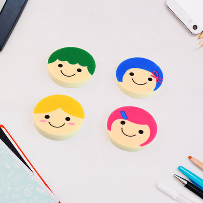 Cute Cartoon Face Erasers For School  Stationery Use (4 Pc)