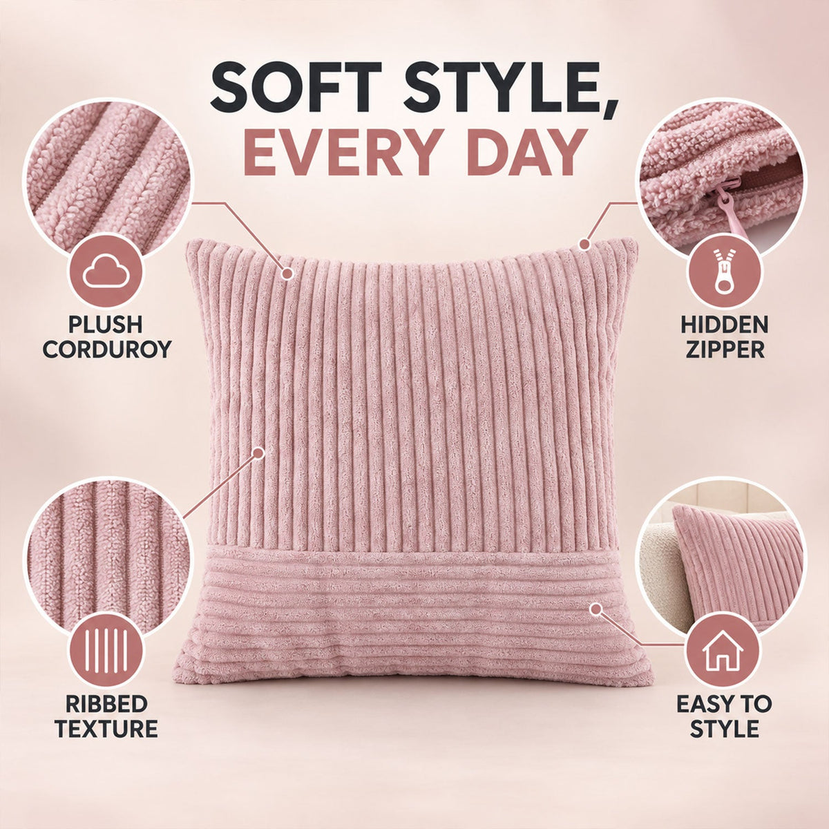 Soft Plush Corduroy Pillow Cover With Hidden Zipper (1 Pc 45 X 43 Cm)