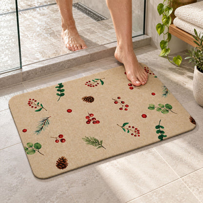 Botanical Berry Print Bath Mat Linen Look Anti-slip Floor Rug (1 Pc 57x38 Cm)