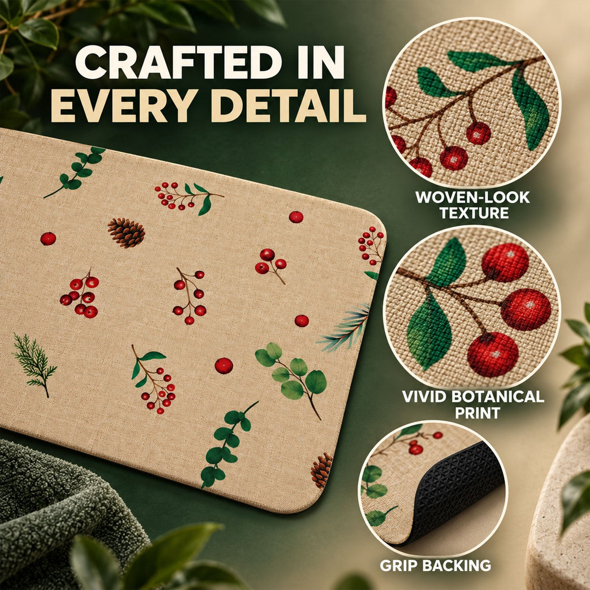 Botanical Berry Print Bath Mat Linen Look Anti-slip Floor Rug (1 Pc 57x38 Cm)