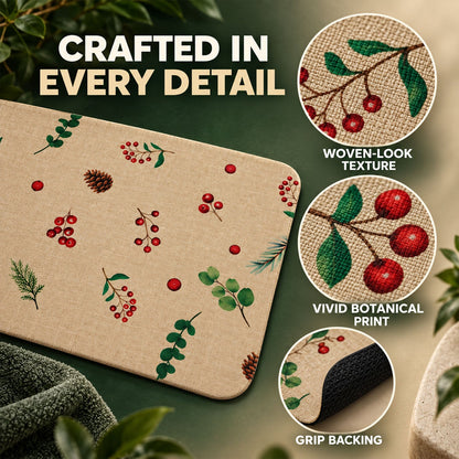 Botanical Berry Print Bath Mat Linen Look Anti-slip Floor Rug (1 Pc 57x38 Cm)