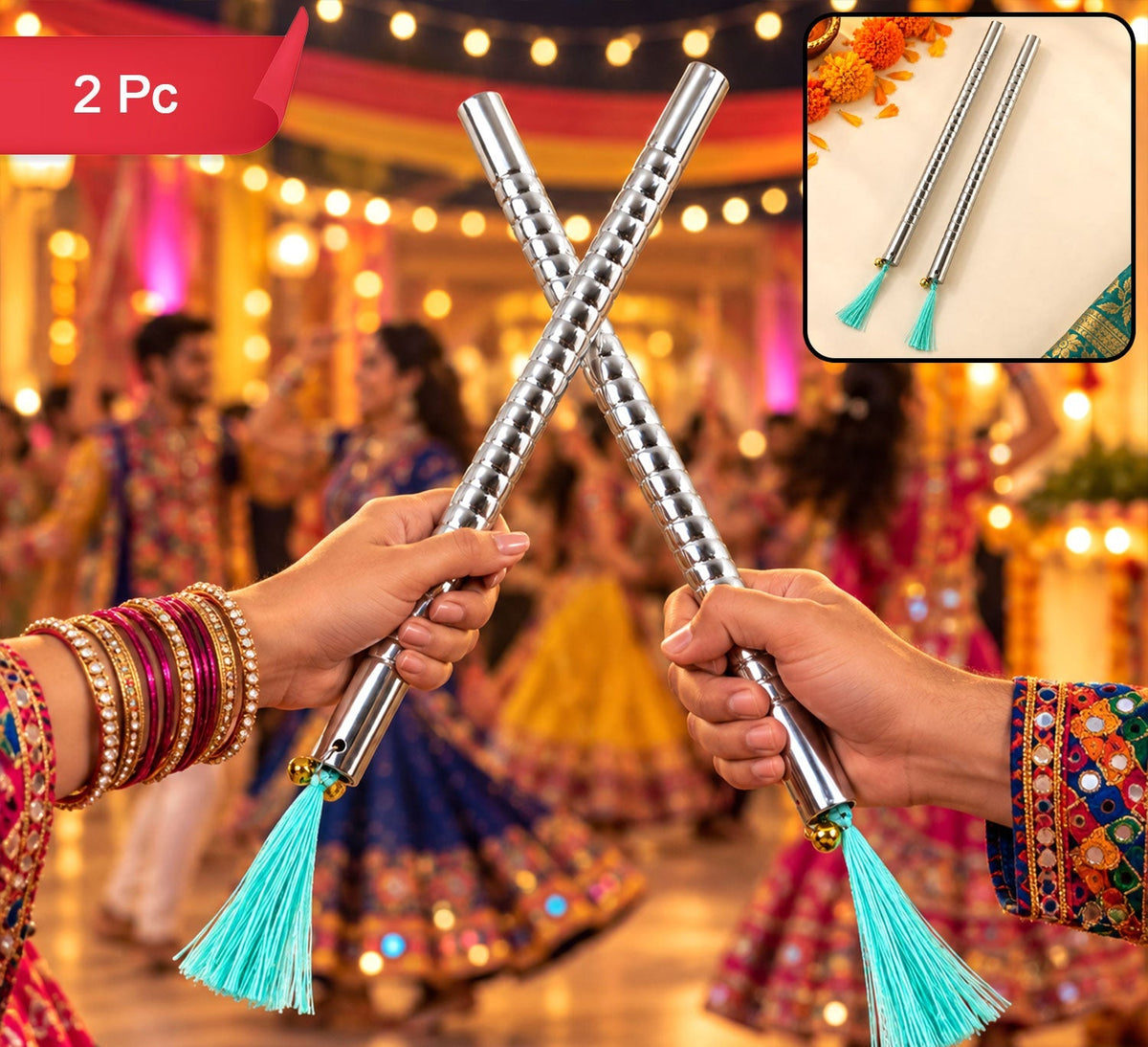 Small Steel Dandiya Stick Pair With Ribbed Grip Tassels And Bell Accents