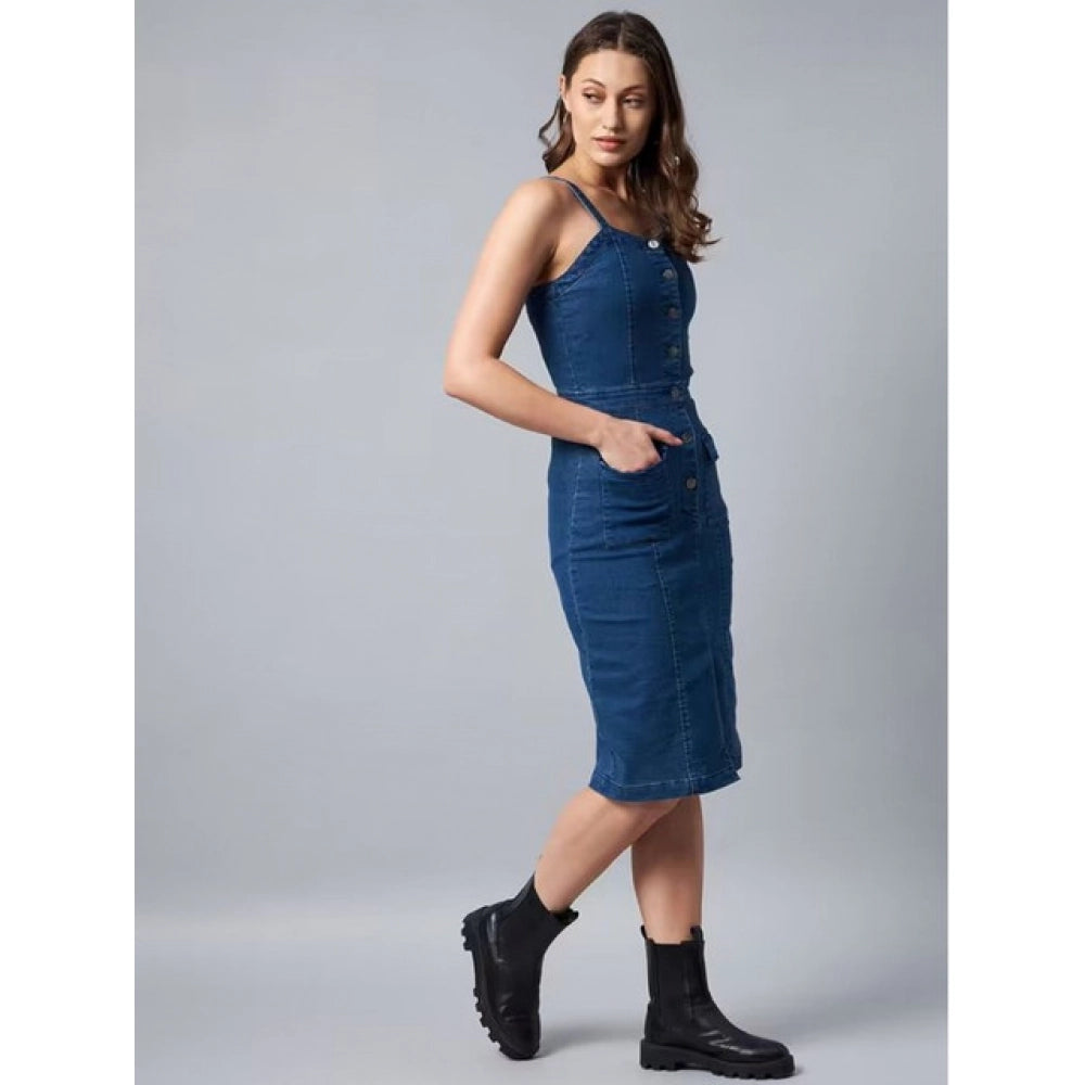 Women's Casual Denim Sleeveless Dress (Blue)