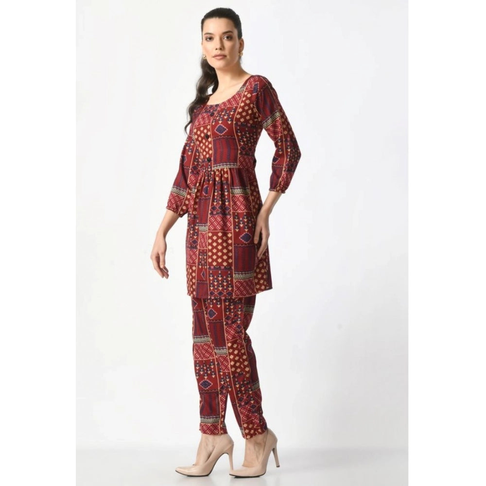 Women's Casual Crepe 3-4th Sleeves Cord Set (Maroon)