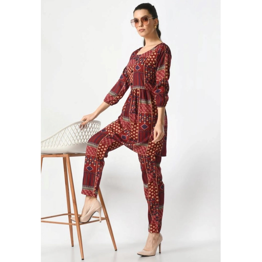 Women's Casual Crepe 3-4th Sleeves Cord Set (Maroon)