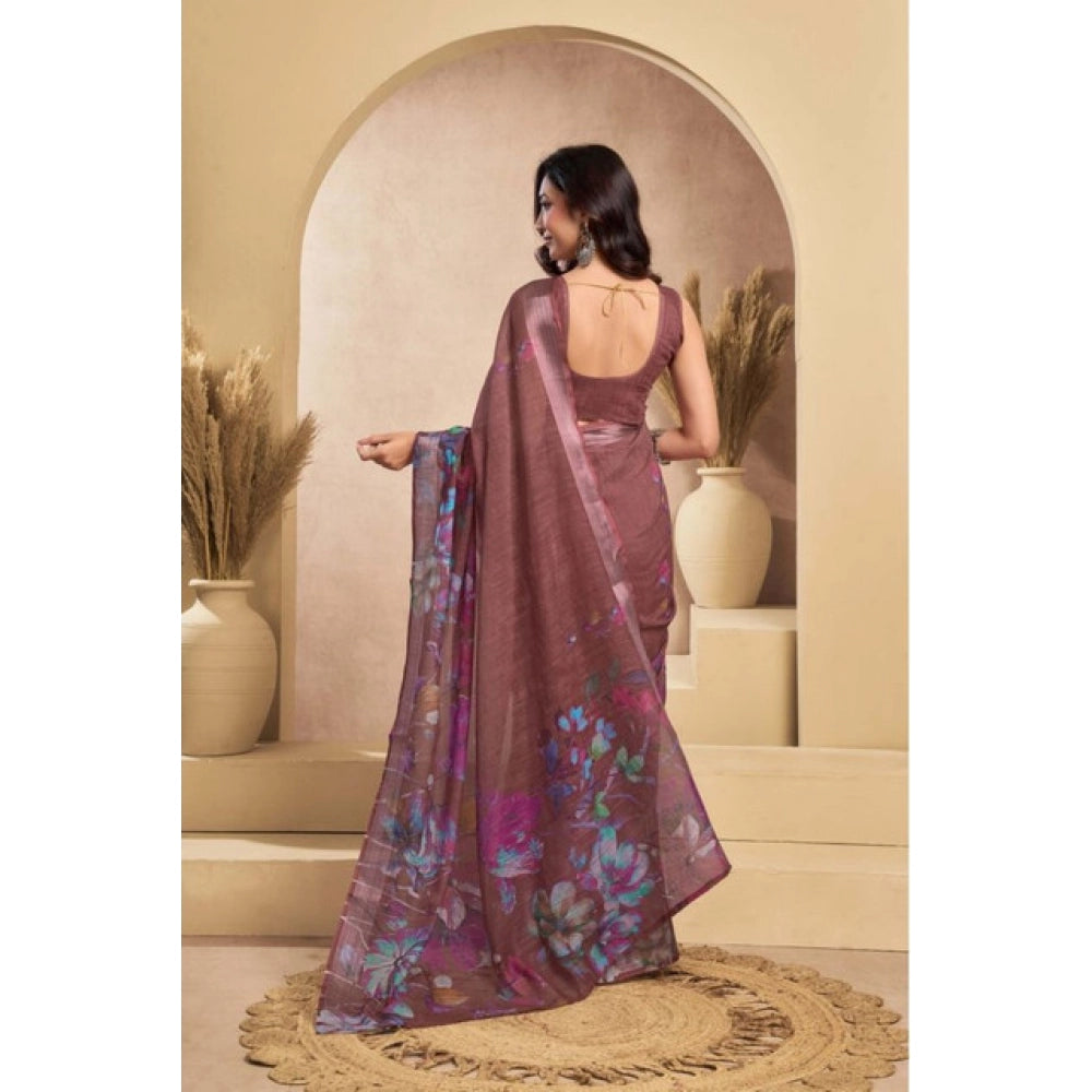 Women's Faux_Linen Printed Ready-to-Wear Saree With Unstitched Blouse 5.5 Mtr (Brown)