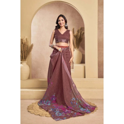 Women's Faux_Linen Printed Ready-to-Wear Saree With Unstitched Blouse 5.5 Mtr (Brown)