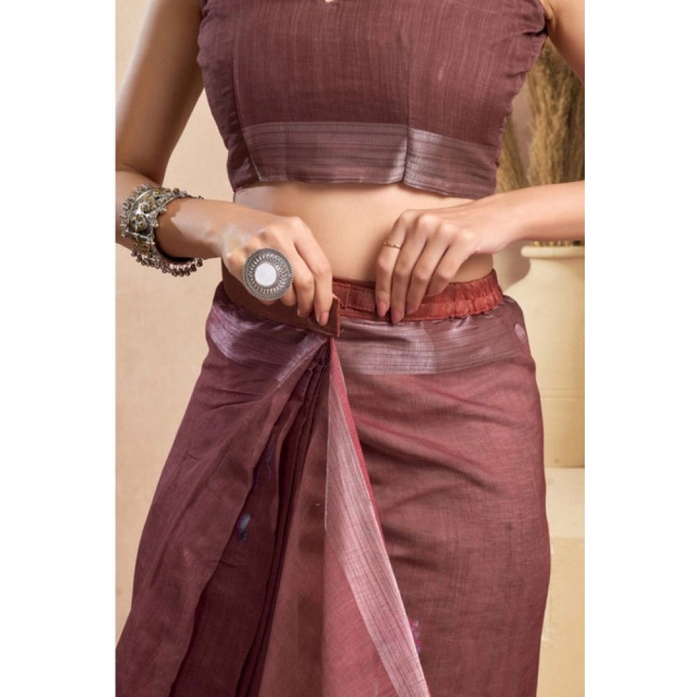 Women's Faux_Linen Printed Ready-to-Wear Saree With Unstitched Blouse 5.5 Mtr (Brown)