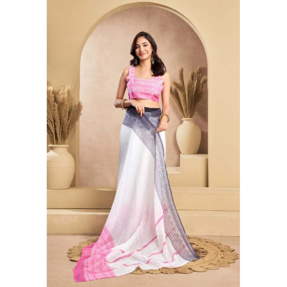 Women's Faux_Linen Printed Ready-to-Wear Saree With Unstitched Blouse 5.5 Mtr (Off_White)